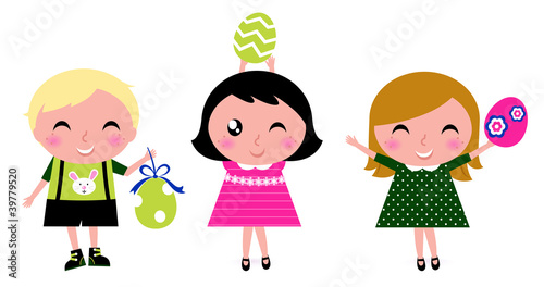 Cute retro easter kids with eggs isolated on white