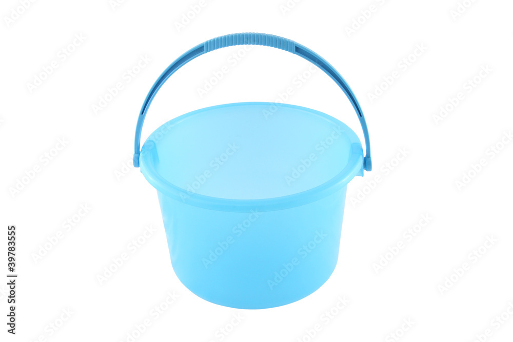 Blue plastic bucket handle up on white background. Blue plastic bucket handle up on white background.