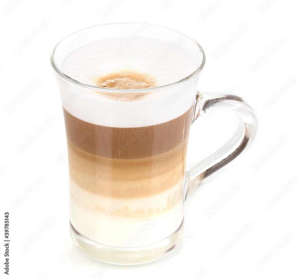 Fragrant сappuccino latte in glass cup isolated on white Fragrant сappuccino latte in glass cup isolated on white