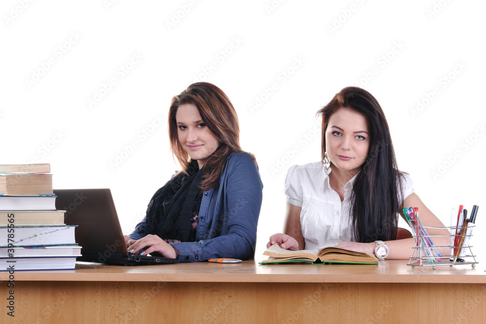 Two young students are learning at the table Two young students are learning at the table