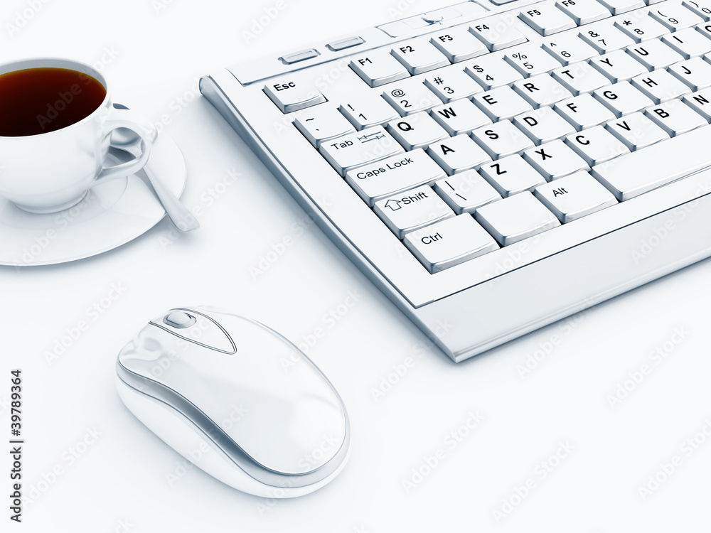 keyboard mouse and cup of coffee in light tones keyboard mouse and cup of coffee in light tones