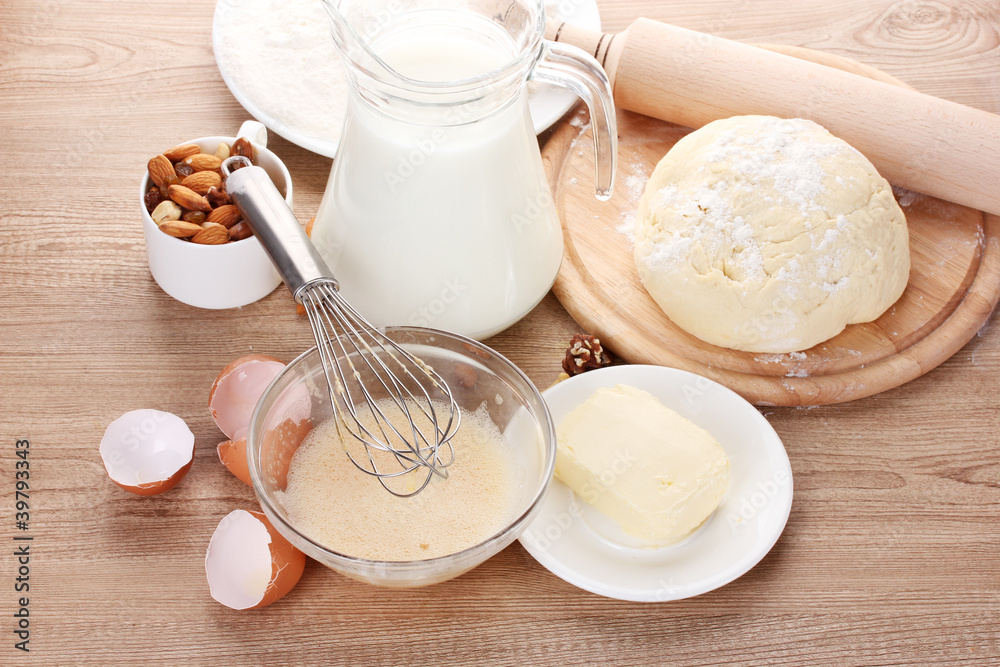 Ingredients for the dough wooden table Ingredients for the dough wooden table