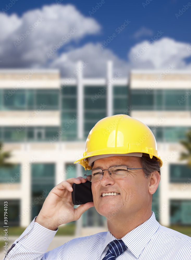 Contractor in Hardhat Talks on Phone In Front of Building Contractor in Hardhat Talks on Phone In Front of Building