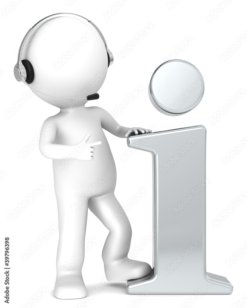 3D little human character with a metal Info Icon and headset. 3D little human character with a metal Info Icon and headset.