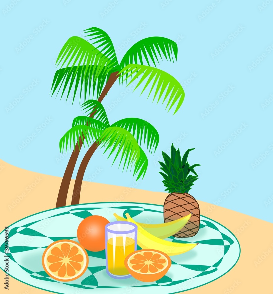 Fruit,  juice, and two palm trees