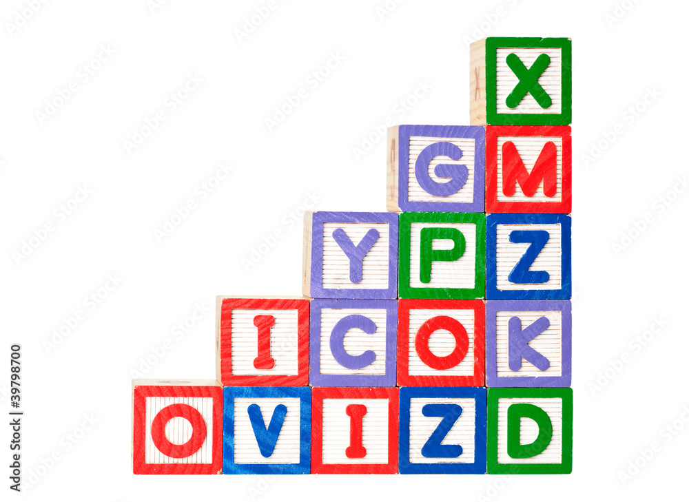 Stack of alphabet blocks forming steps isolated on white Stack of alphabet blocks forming steps isolated on white