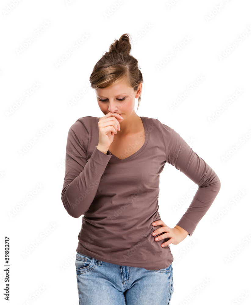 Depressed young attractive woman isolated on white Depressed young attractive woman isolated on white