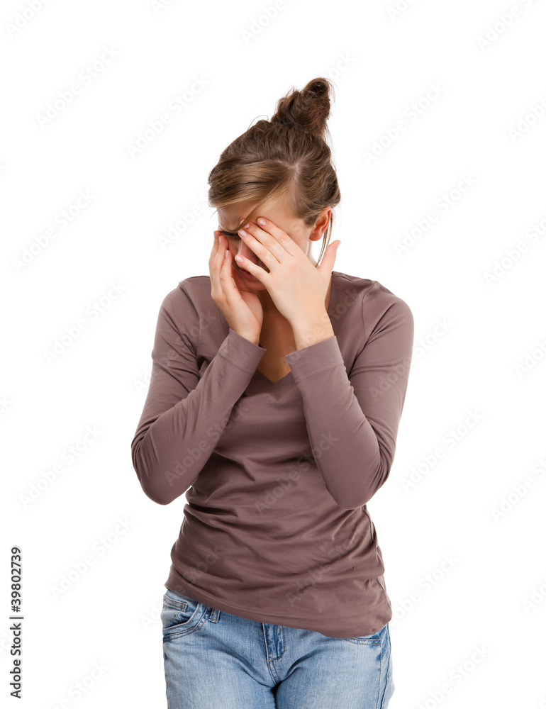 Depressed young attractive woman isolated on white Depressed young attractive woman isolated on white