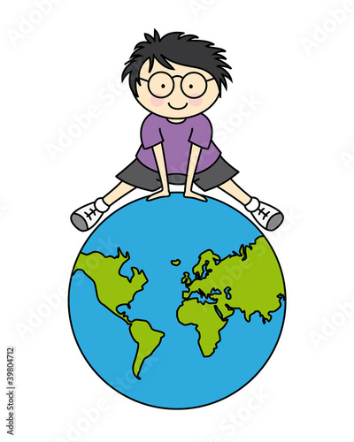 Pegatina habitacion niño. Niño con mapa mundi