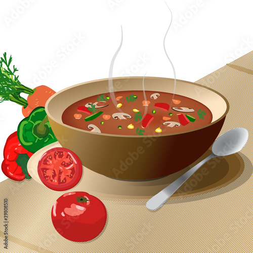 Bowl of hot vegetable soup, with tomato, peppers, carrots