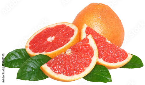 Sliced ​​grapefruit with leafs isolated.