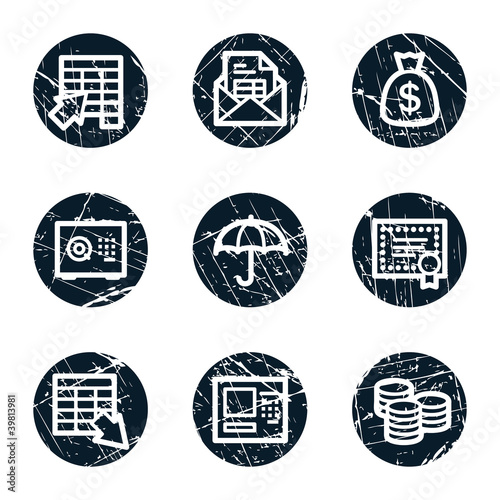 Banking web icons, grunge circle buttons