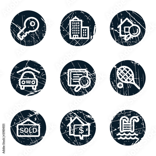 Real estate web icons, grunge circle buttons