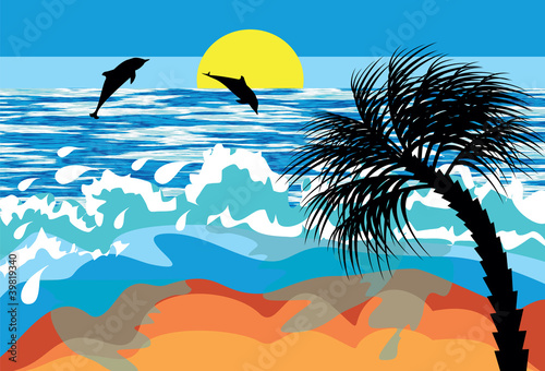 seascape with dolphins and palm