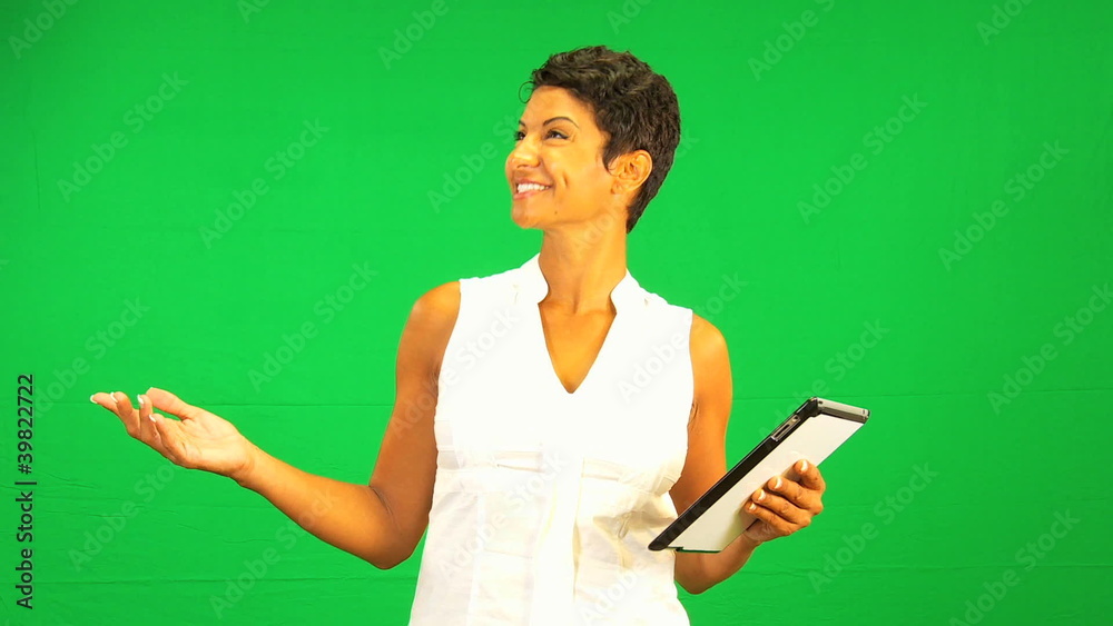 Ethnic Female Wireless Tablet Fitness Green Screen Ethnic Female Wireless Tablet Fitness Green Screen