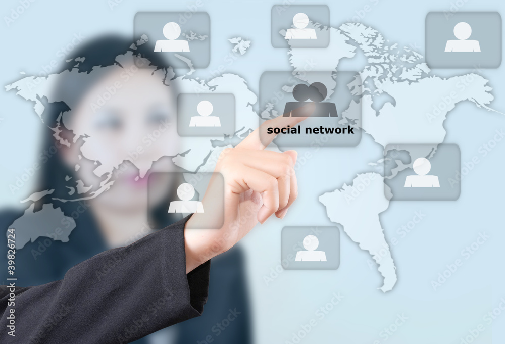 Business lady pushing Social Network. Business lady pushing Social Network.