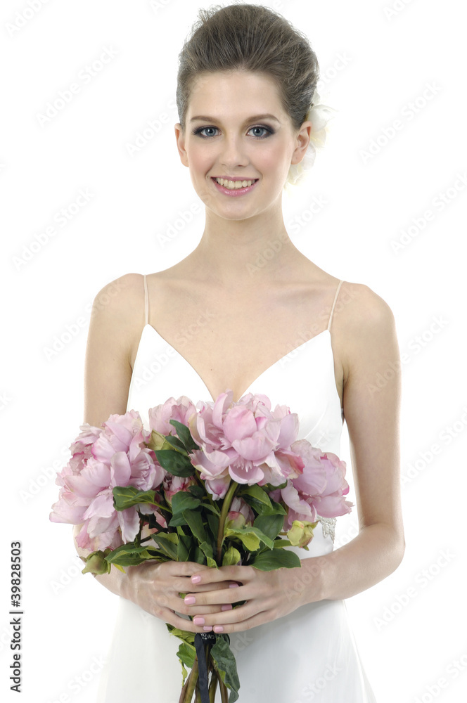 Border of beautiful bride holding pink flower Border of beautiful bride holding pink flower