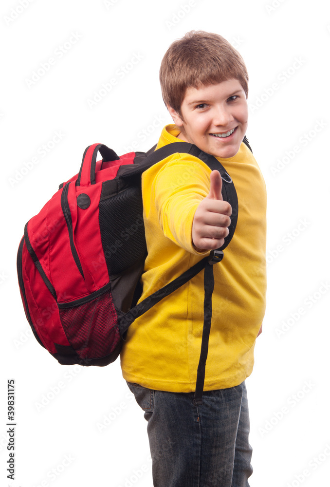 Handsome chubby teenage boy with school bag on his back