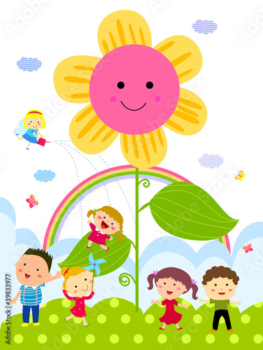 Cartoon group of kids and flower