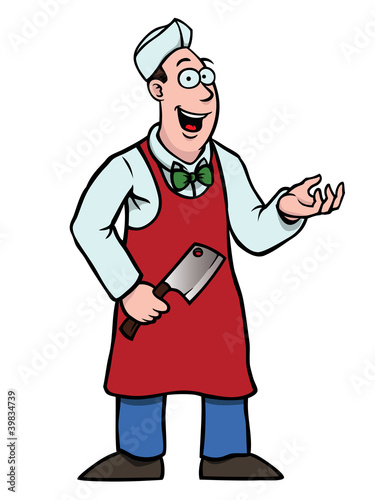 Butcher holding a cleaver and showing something