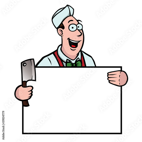 Butcher holding a cleaver and a sign