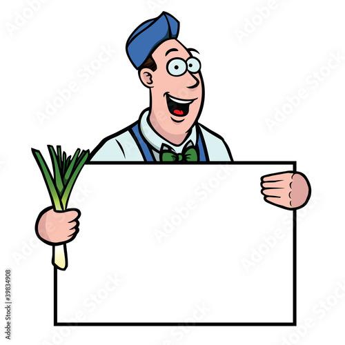 Greengrocer holding a fresh leek and a sign