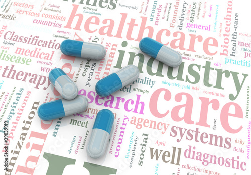 3d pills on wordcloud of healthcare