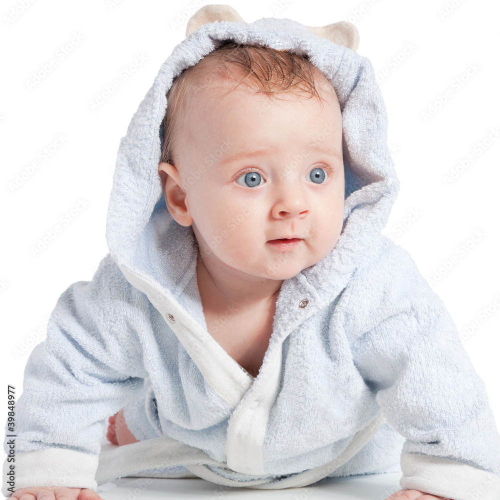 portrait of a cheerful child in blue bathrobe portrait of a cheerful child in blue bathrobe