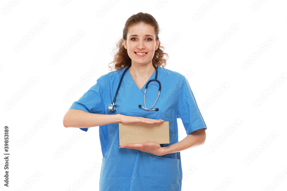 A female docotr holding a blank between her hands A female docotr holding a blank between her hands