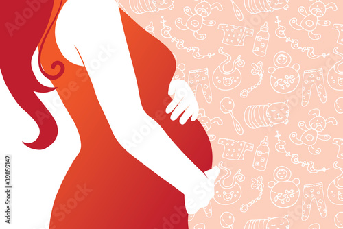 Silhouette of pregnant woman  with seamless baby background photo
