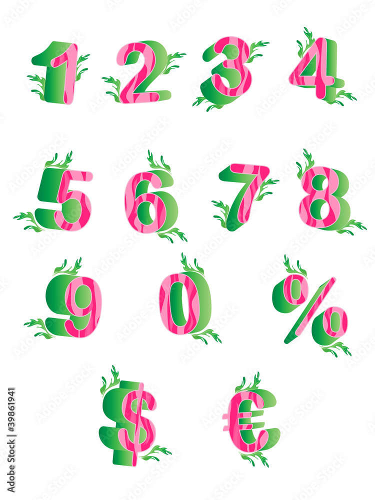 Pink pattern numbers with green leaves Pink pattern numbers with green leaves