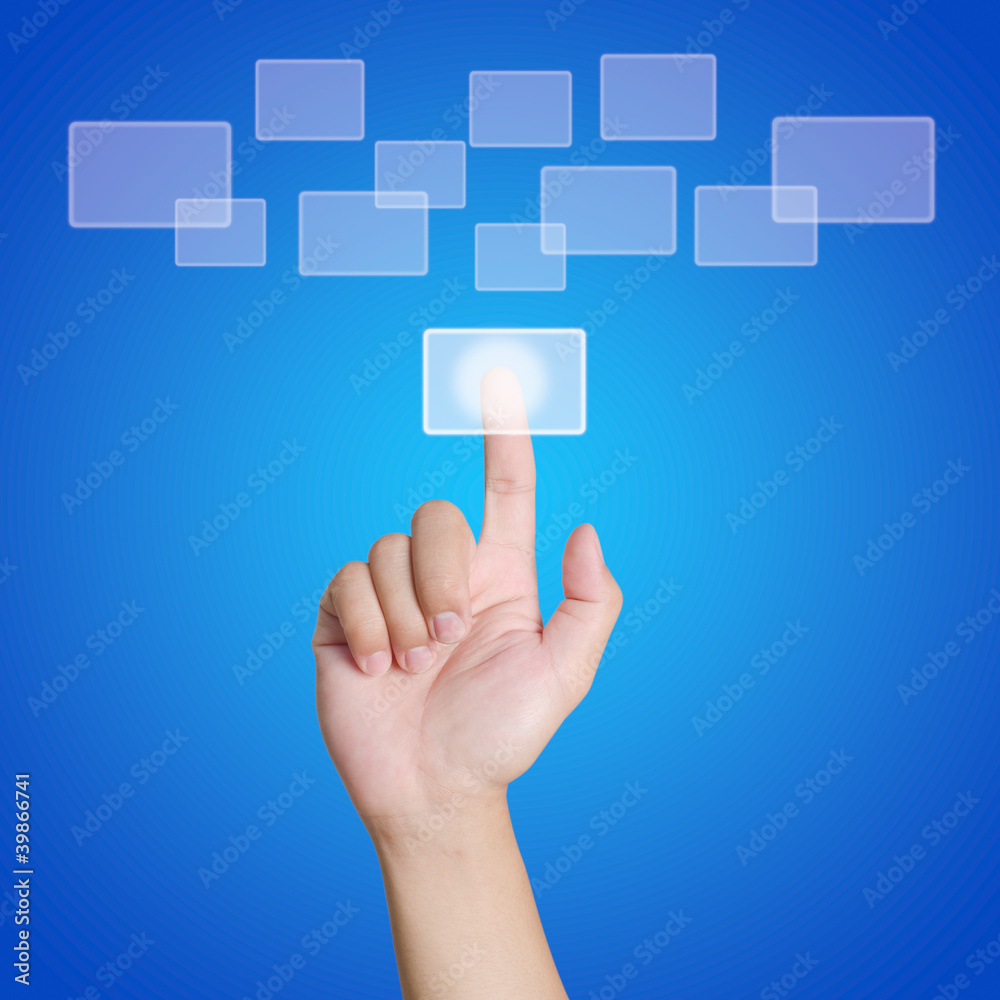 hand pushing a button on a touch screen interface hand pushing a button on a touch screen interface