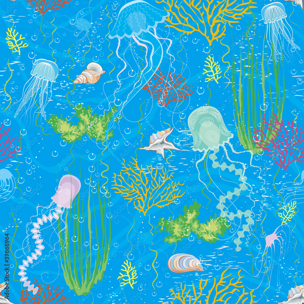 Seamless pattern with jellyfishes swimming underwater