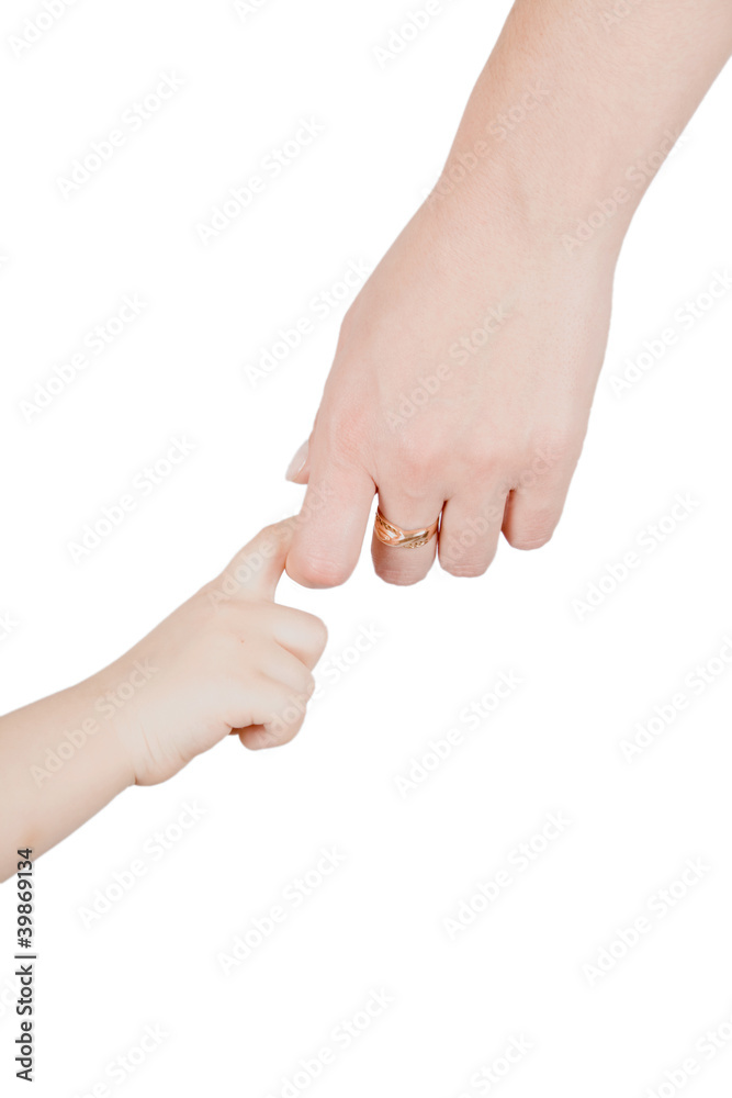 Young child hand holding adult hand. On clean white background.