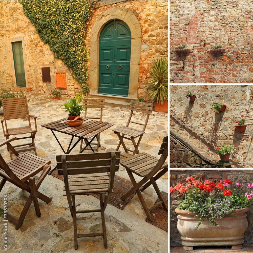 collage with images from italian terrace, Tuscany, Europe