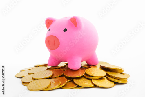 Piggy bank and gold coins