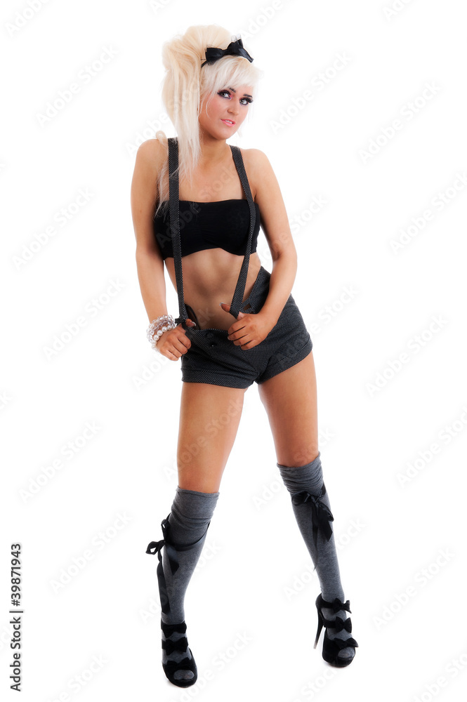 Pretty young blonde female in shorts and braces Pretty young blonde female in shorts and braces