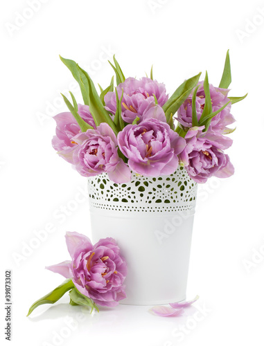 Fototapeta Naklejka Na Ścianę i Meble -  Pink tulips in metal flowerpot