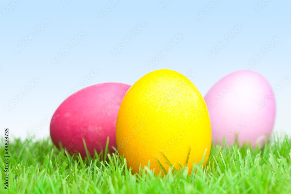 .Three decorated easter eggs in the grass with daisies .Three decorated easter eggs in the grass with daisies