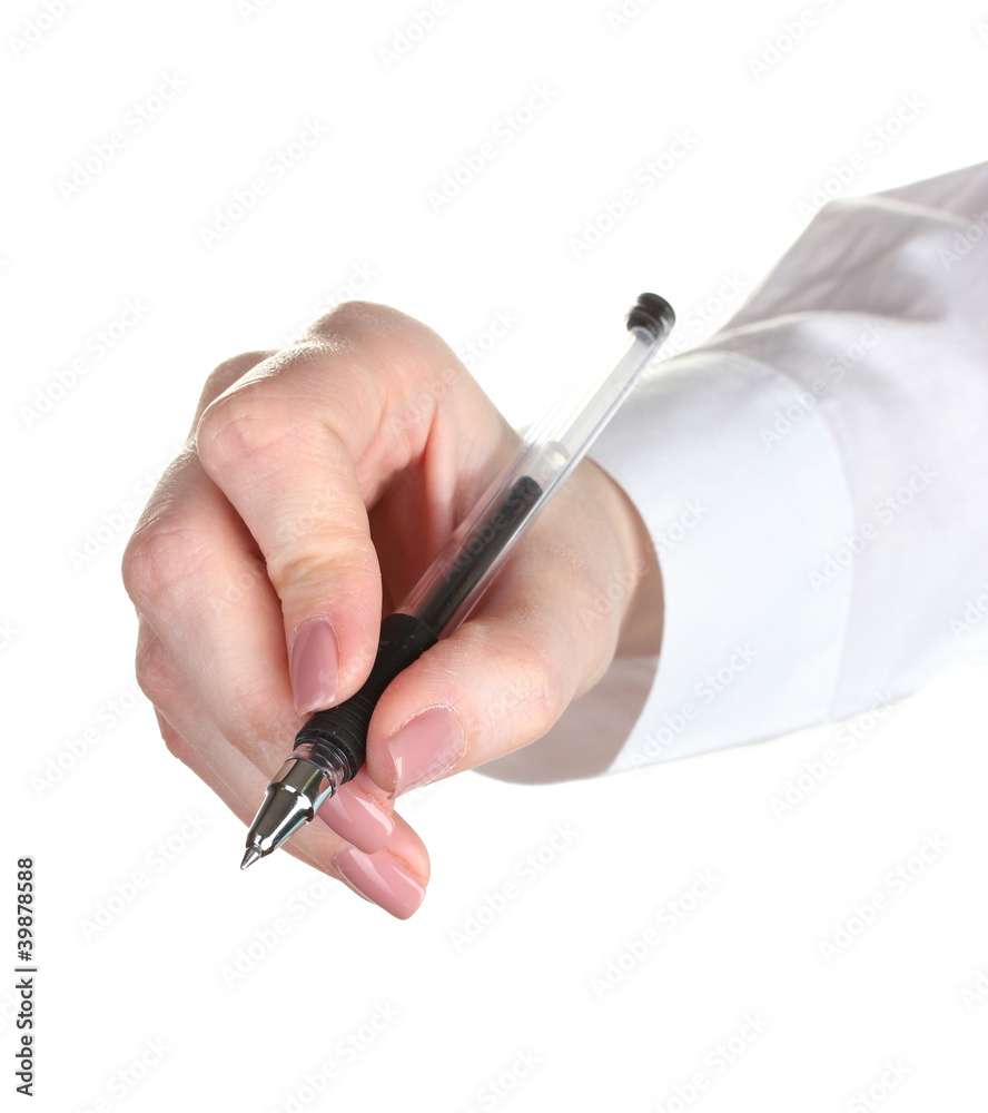 Woman hand with pen isolated on white Woman hand with pen isolated on white