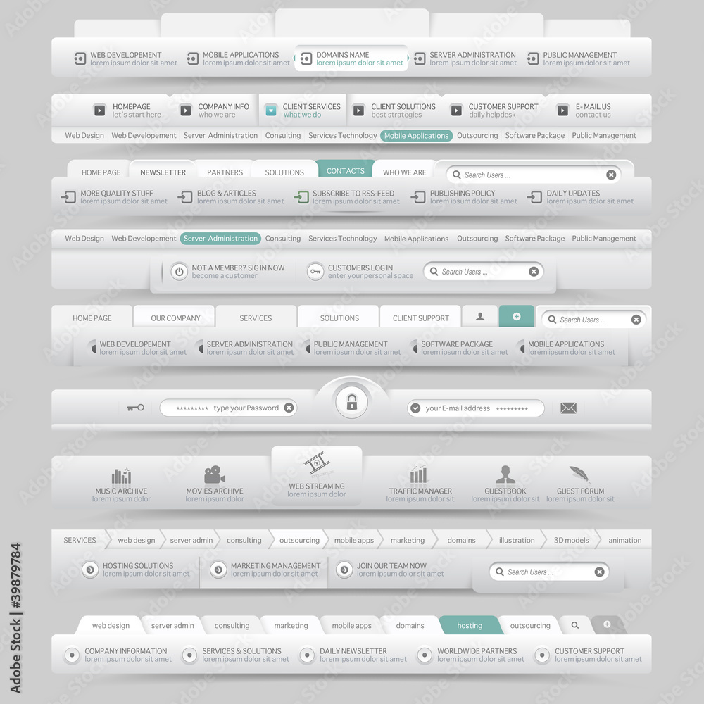 web site design template navigation elements with icons set