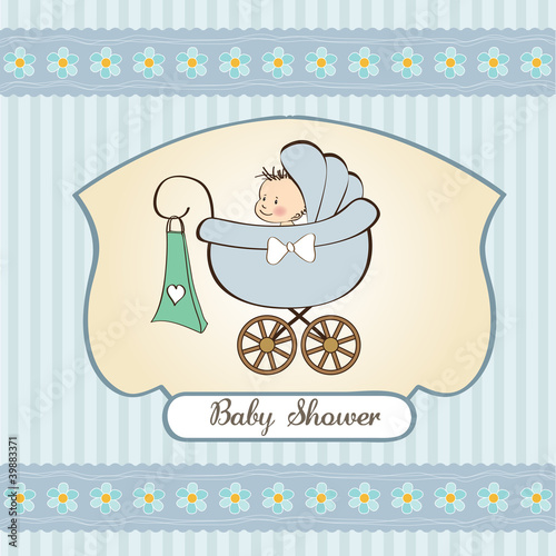 baby boy announcement card with baby and pram