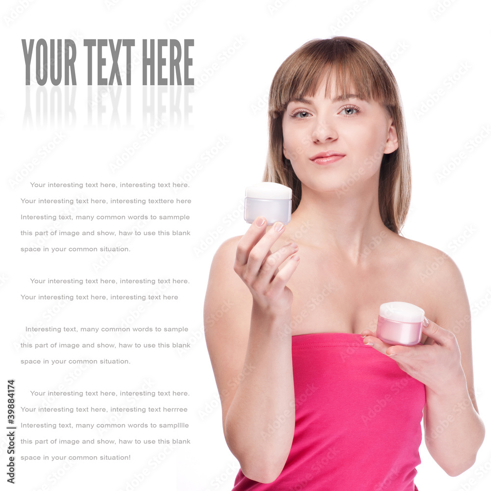 Woman offer moisturizer cream on white Woman offer moisturizer cream on white