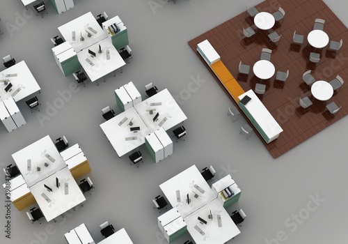 open space office with systems office desks and lounge area.