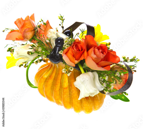 orange roses and tulips in the vase photo