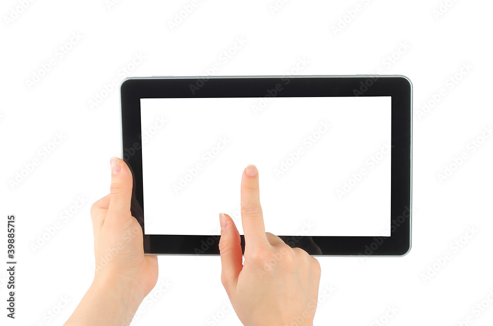 Woman hands with touch screen device on white background