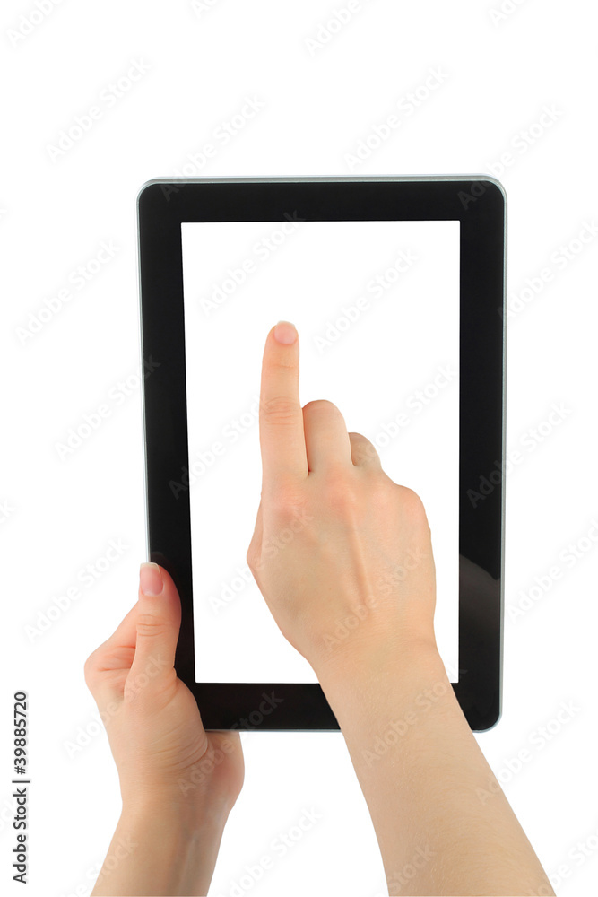 Woman hands with touch screen device on white background