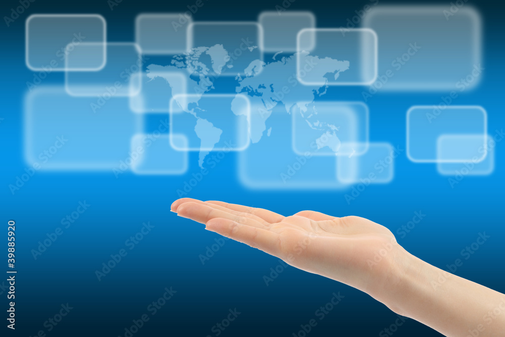 Woman hand with touch screen interface and world map Woman hand with touch screen interface and world map