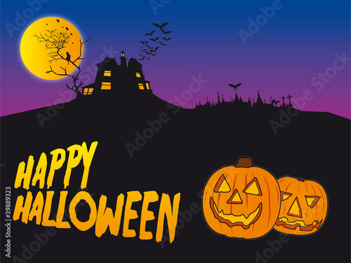 Happy halloween card with house and pumpkins