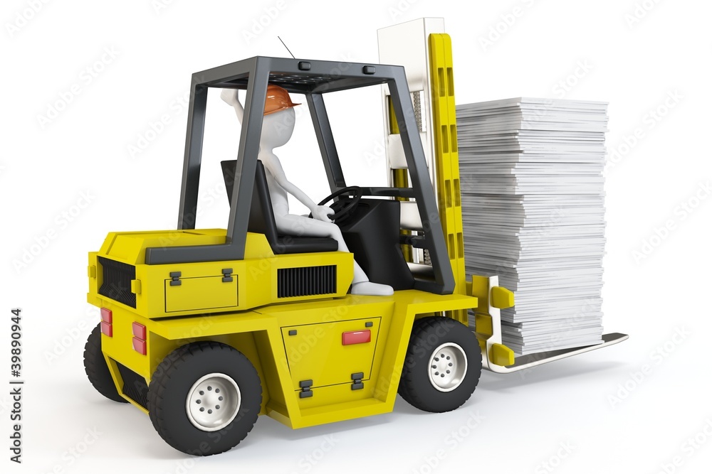 3d man with forklift carrying stuff